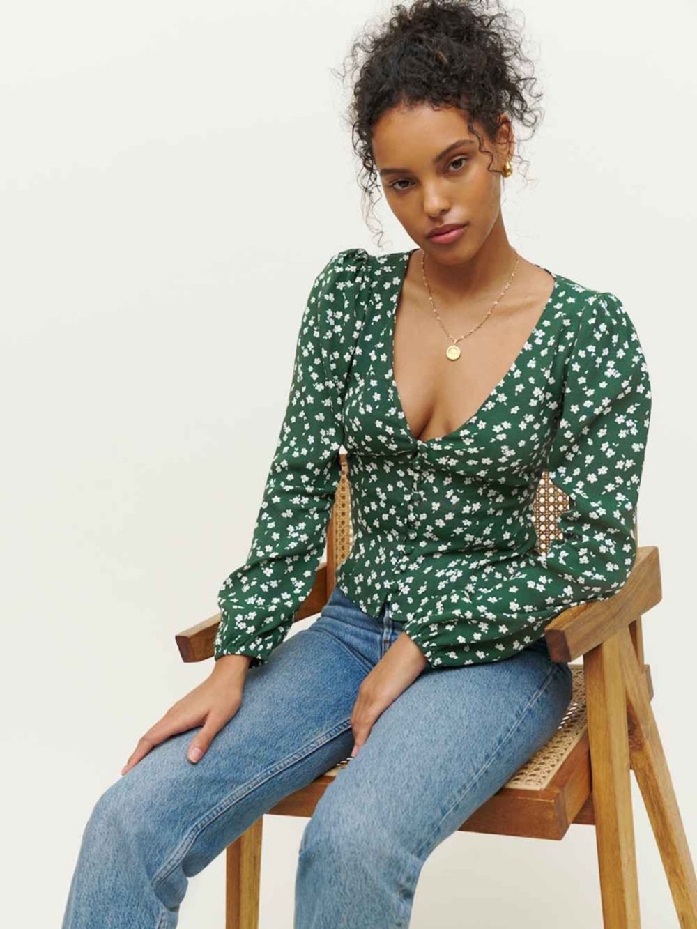 REFORMATION Nell Top In Green Floral